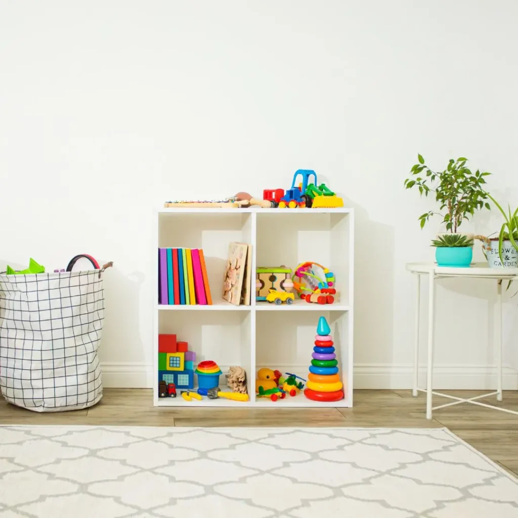 An image of toys organized in a shelf 