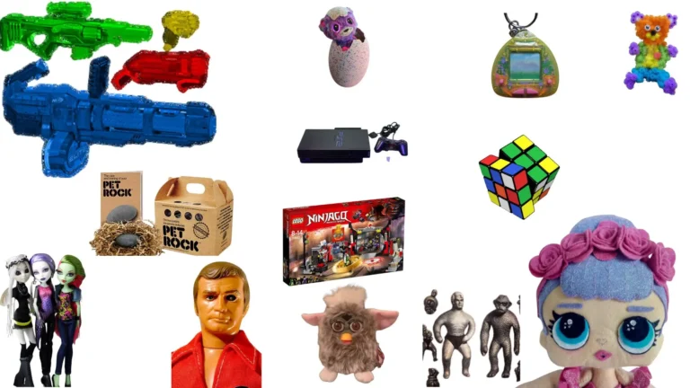 An image collage of 1960s to 2010 Nostalgia Toys