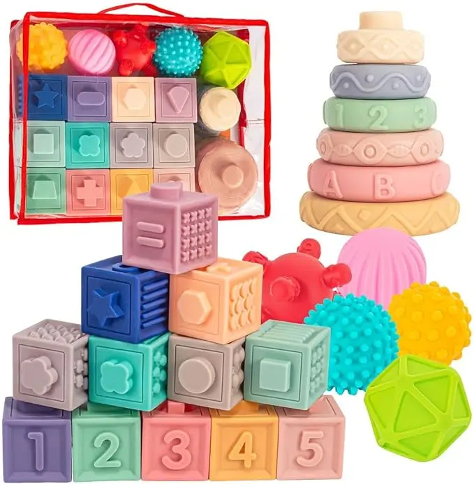 An image of Springflower 3 in 1 Montessori Toys for Babies 0-6 Months, Soft Baby Teething Toys, Stacking Building Blocks for Infants