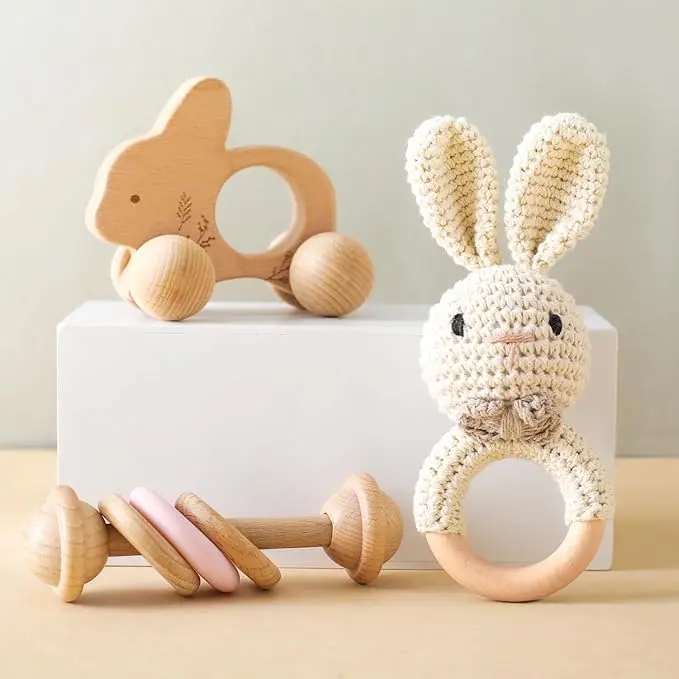 Imae of Wooden Baby Rattle 3 PCS Push Car Rattle Set Crochet and  Rattle Ring 